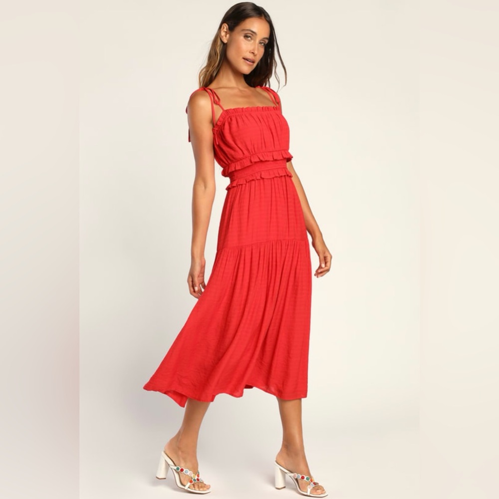 Lulu’s Strolling Santorini Red Tiered Smock Tie-Strap Midi Dress
